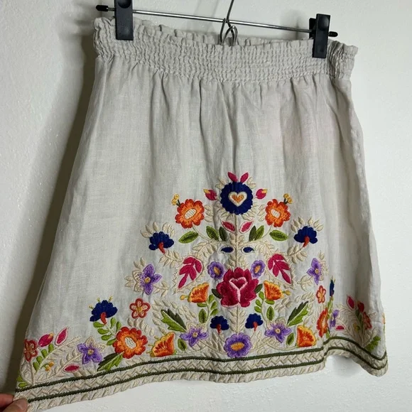 Johnny Was 100% Linen Tan Floral Embrodiered Pull on Skirt Size Small - Picture 5 of 16